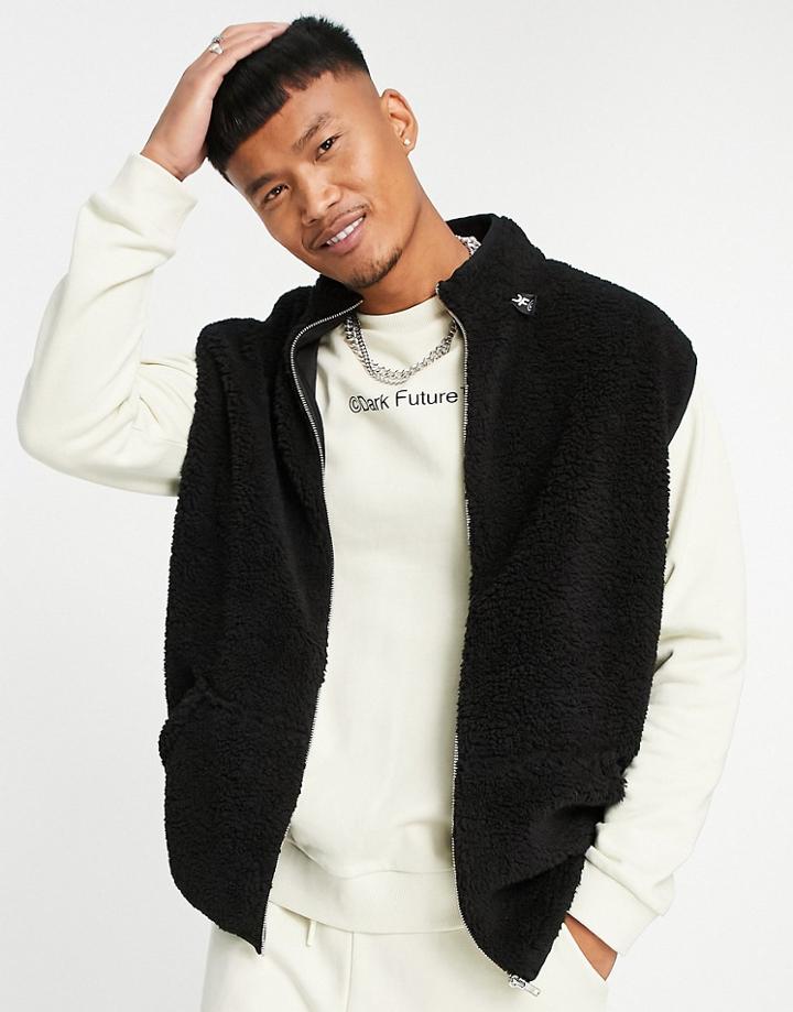 Asos Dark Future Relaxed Vest In Teddy Borg With Logo Shoulder Embroidery In Black