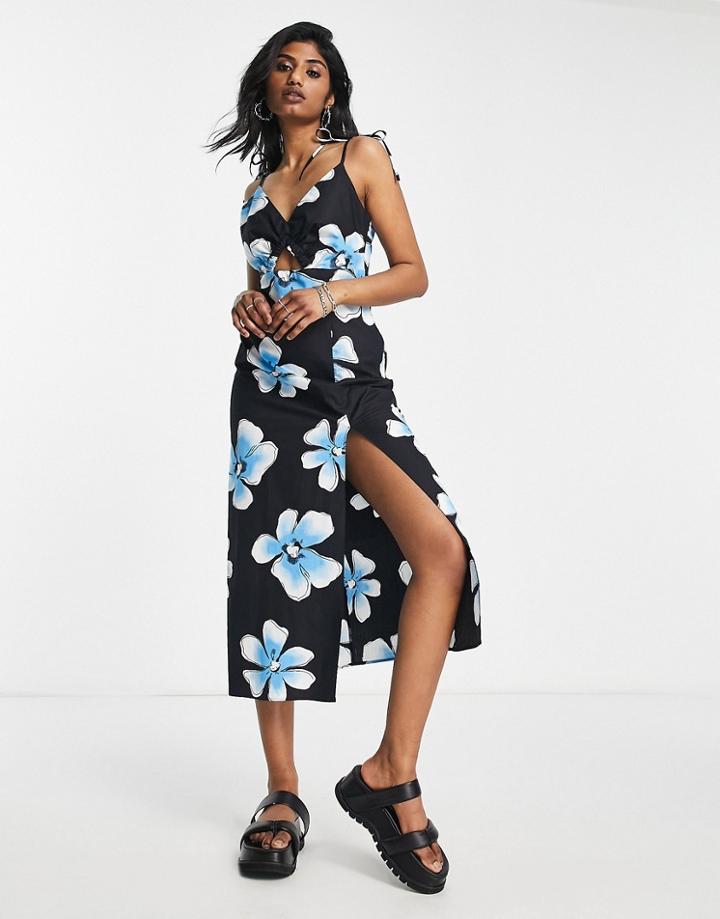 Topshop Large Floral Cut Out Poplin Pinny Dress-multi