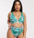 Asos Design Curve High Waist High Leg Bikini Bottom In Fierce Animal Print-multi