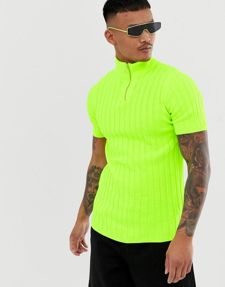 Asos Design Knitted Ribbed Half Zip T-shirt In Neon Green - Green