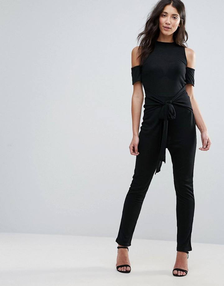 Unique 21 Cold Shoulder Tie Waist Wide Leg Jumpsuit - Black