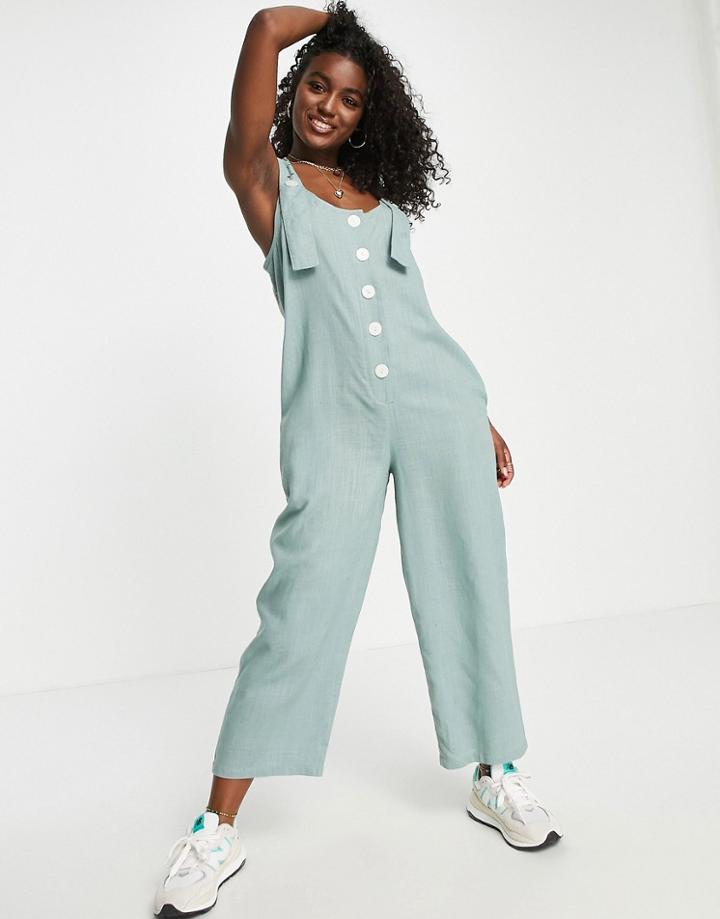 Asos Design Linen Button Strap Jumpsuit In Sage-green