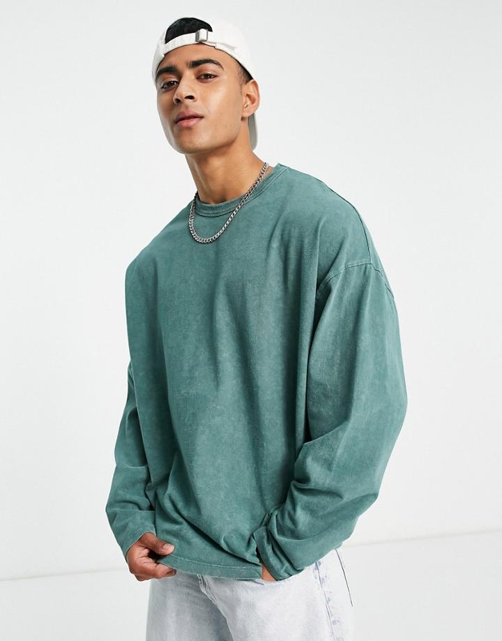 Asos Design Oversized Long Sleeve T-shirt In Acid Wash-blue