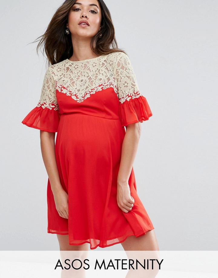 Asos Maternity Skater Dress With Lace Yoke - Red