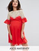 Asos Maternity Skater Dress With Lace Yoke - Red
