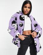 Asos Design Printed Yin Yang Fleece Jacket In Lilac-purple