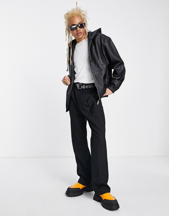 Asos Design Oversized Real Leather Bomber Jacket In Black With Hood