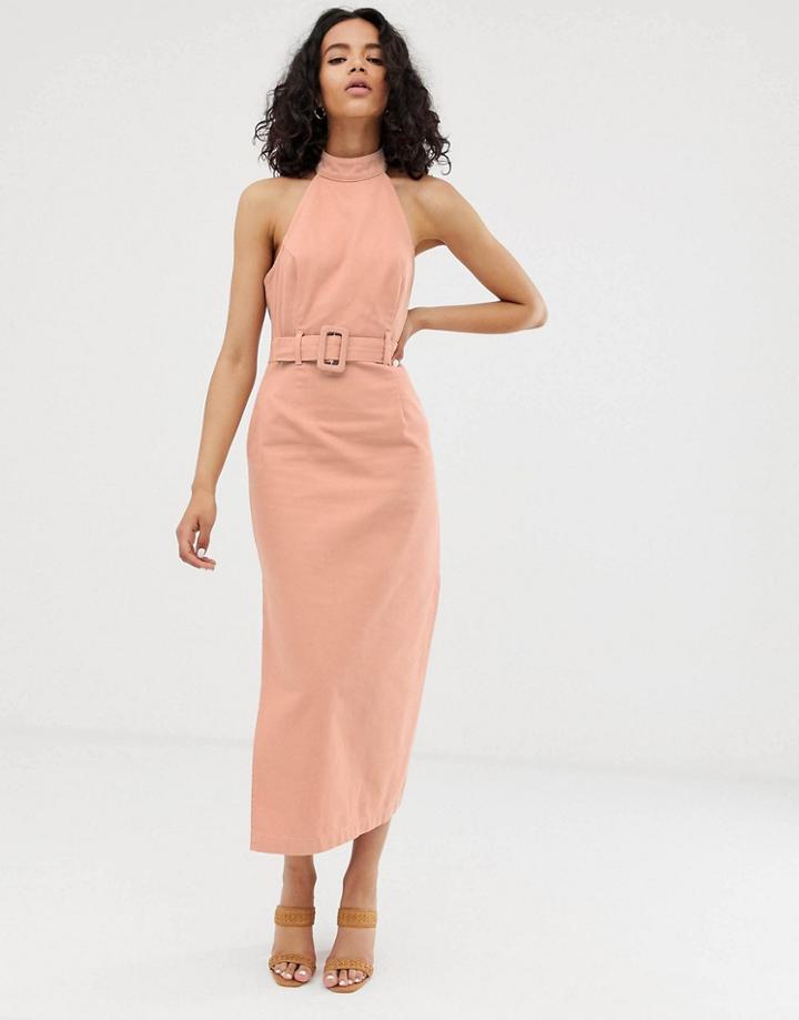 Asos Design Denim Halter Neck Midi Dress With Belt-pink