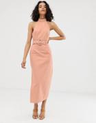 Asos Design Denim Halter Neck Midi Dress With Belt-pink