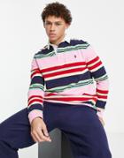 Polo Ralph Lauren Icon Logo Multi Stripe Rugby Polo In Pink