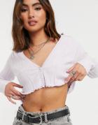 Bershka Wide Ribbed Cardigan With Lace Trim In Lilac-purple