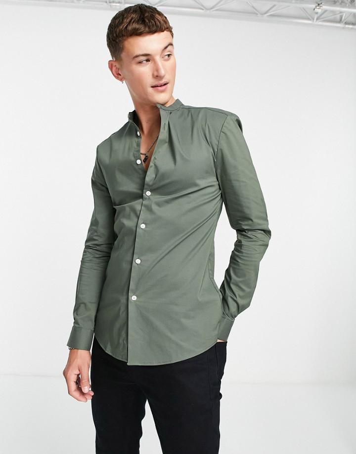 Asos Design Muscle Fit Shirt With Grandad Collar In Khaki-green