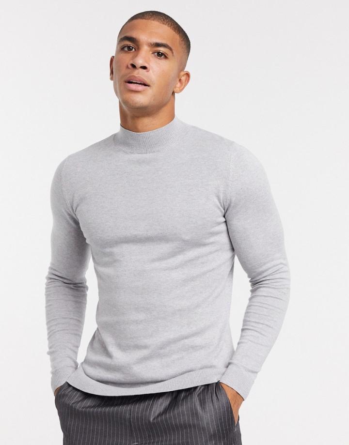 Asos Design Muscle Fit Turtleneck Sweater In Light Gray-grey