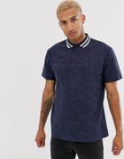 Asos Design Relaxed Pique Polo With Tipped Collar And All Over Leaf Print-navy