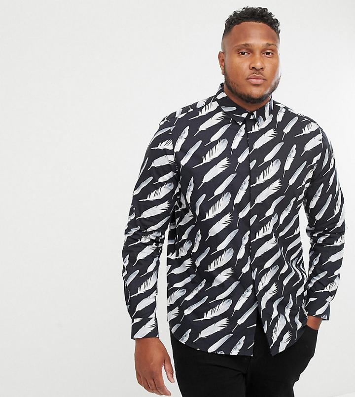 Twisted Tailor Plus Skinny Fit Shirt In Black With Feather Print - Black