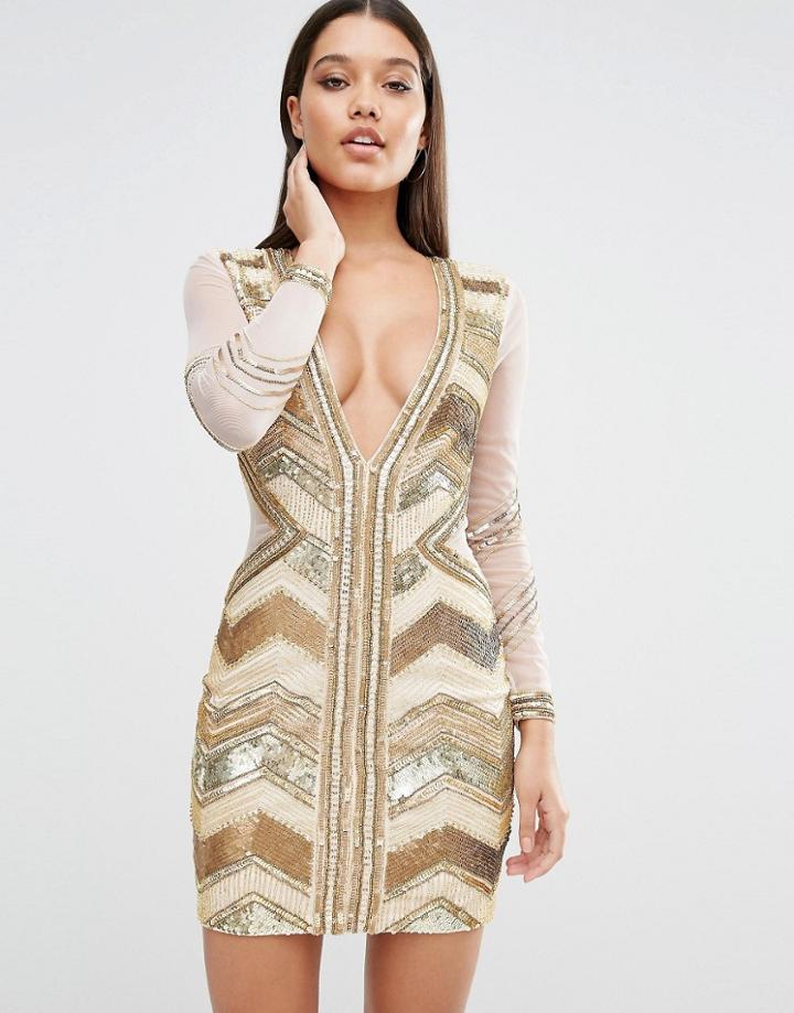 Missguided Plunge Premium Embellished Mini Dress - Gold