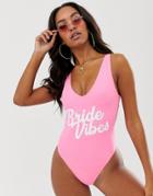 Asos Design Recycled 'bride Vibes' Slogan Hen Plunge Lace Up Back Swimsuit In Pink - Pink
