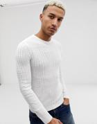 Asos Design Muscle Fit Lightweight Cable Sweater In White - White