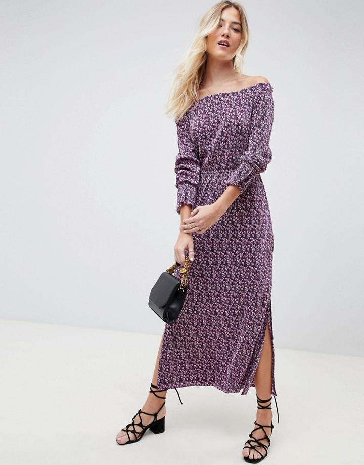 Asos Design Off Shoulder Ditsy Print Plisse Maxi Dress - Multi