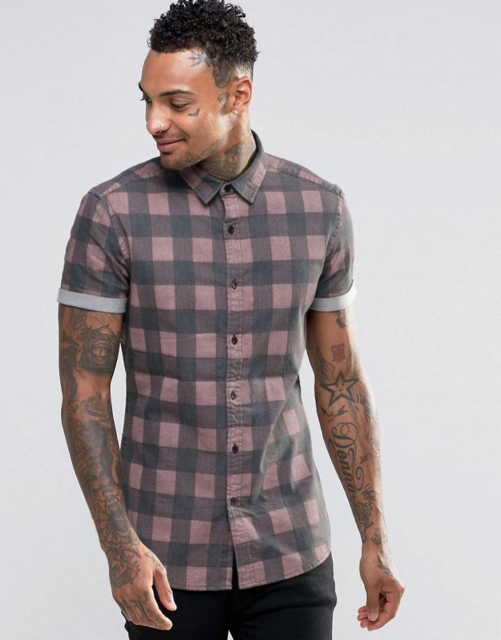 Asos Skinny Denim Shirt With Buffalo Plaid In Pink - Pink