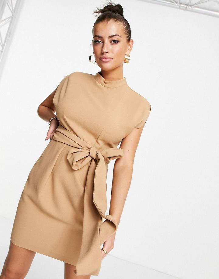 Closet London Belted Tie Waist Mini Dress In Sand-neutral