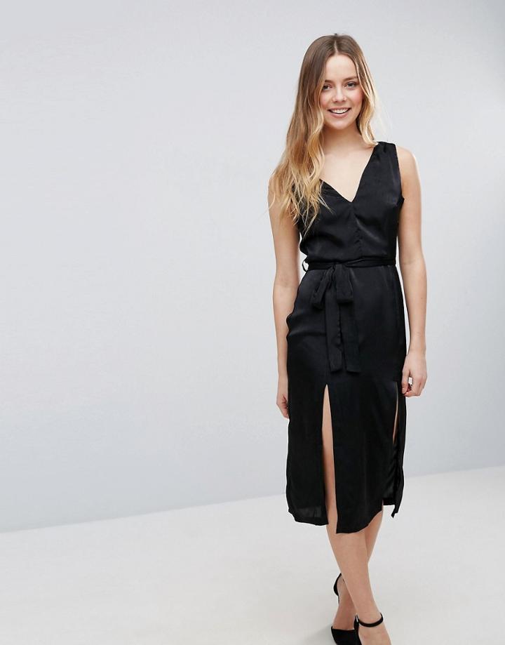 Neon Rose Satin Double Split Plunge Dress - Black