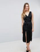 Neon Rose Satin Double Split Plunge Dress - Black