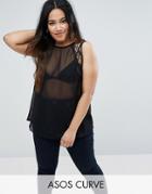 Asos Curve Lace Trim Tank With Button Back - Black