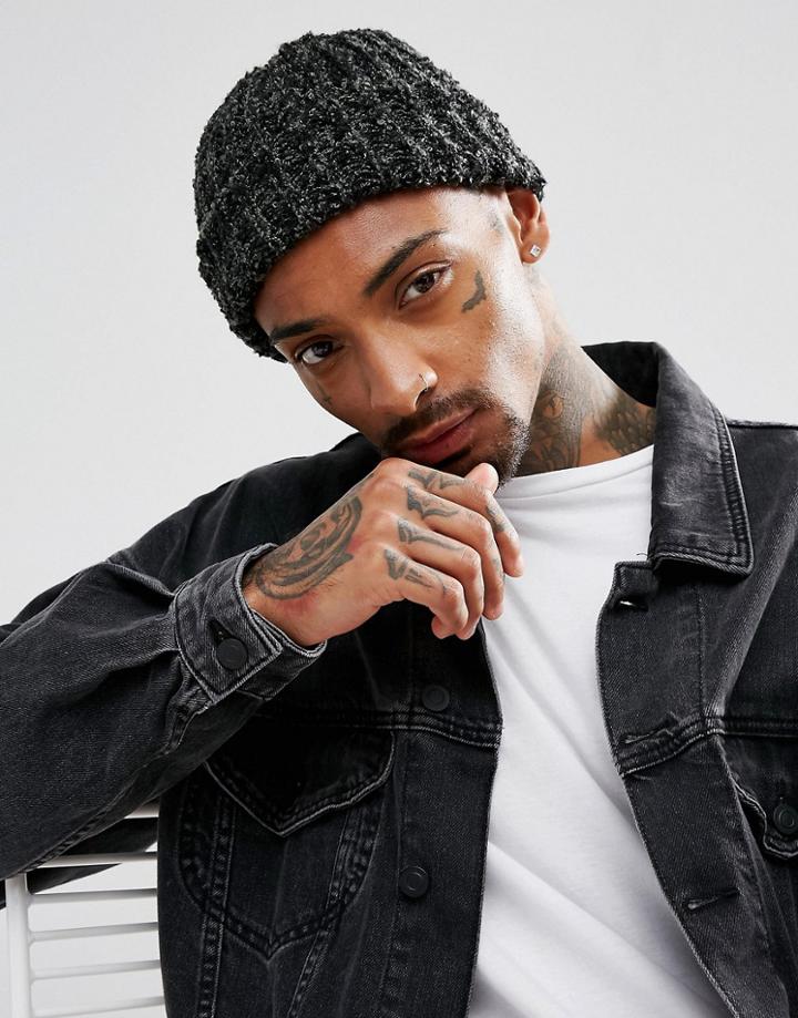 Asos Fisherman Beanie In Black And Green Boucle - Black