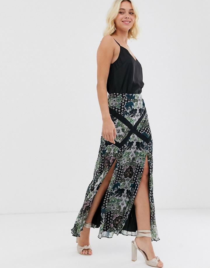 Asos Design Dark Floral Maxi Skirt With Lace Trim Inserts - Multi