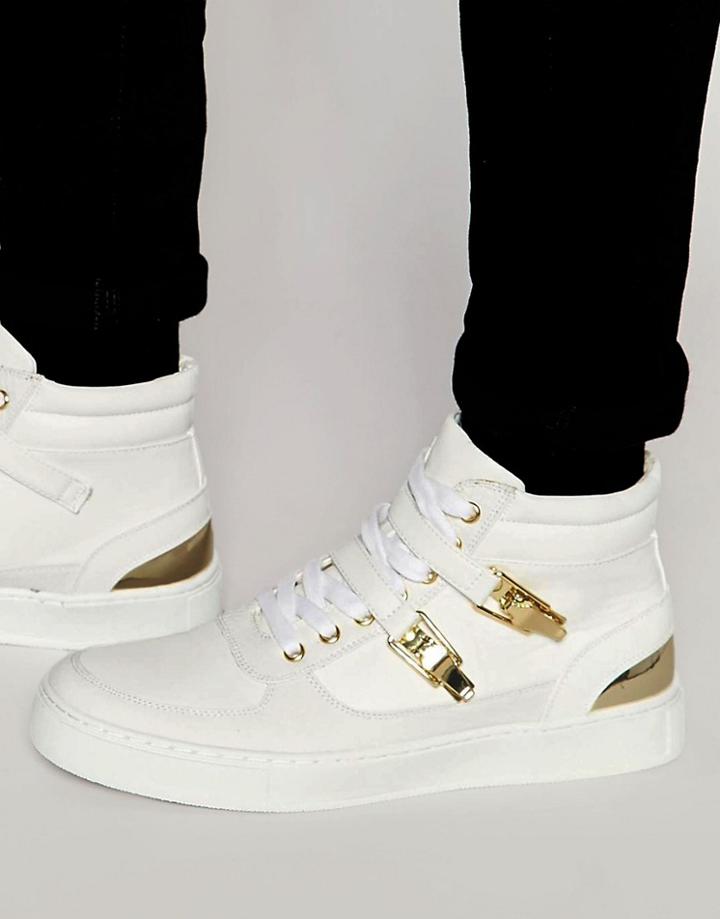 Asos Mid Top Sneakers In White With Gold Clasps - White