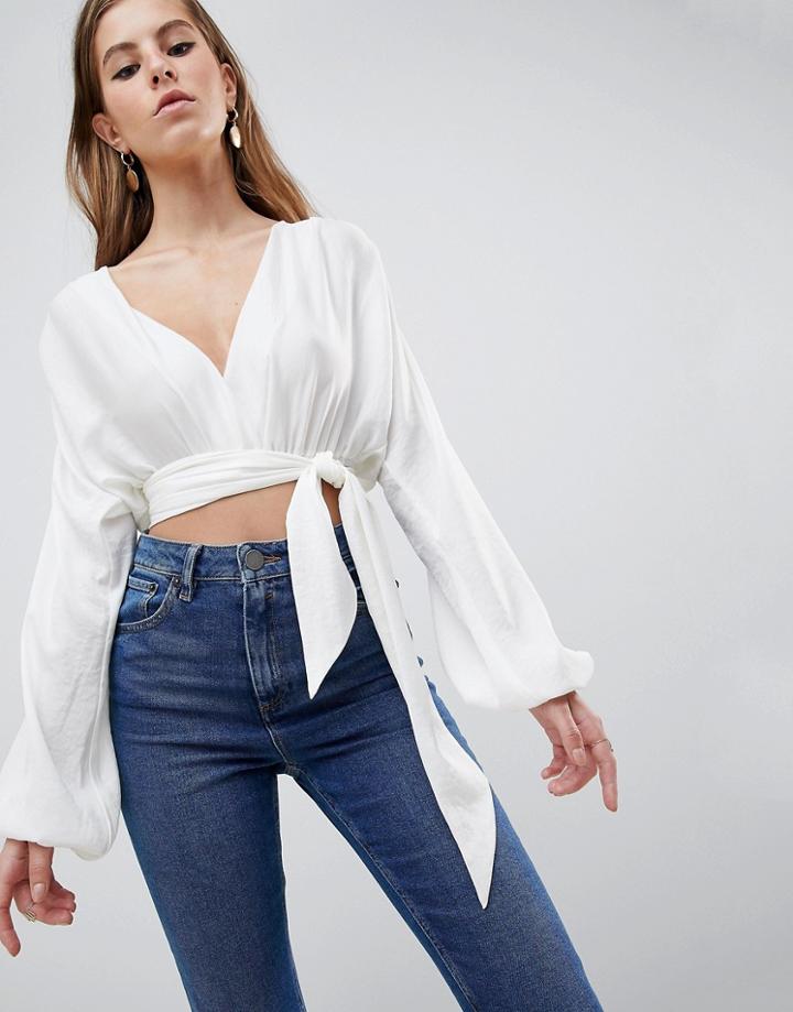 Asos Design Satin Plunge Top With Wrap Detail - White