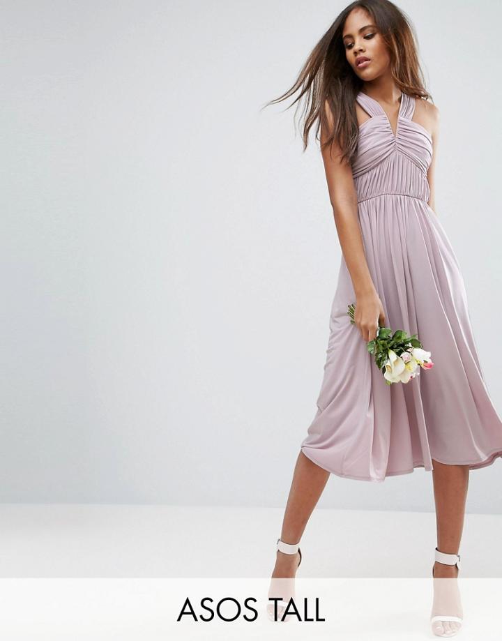 Asos Tall Wedding V Front Ruched Midi Dress - Purple