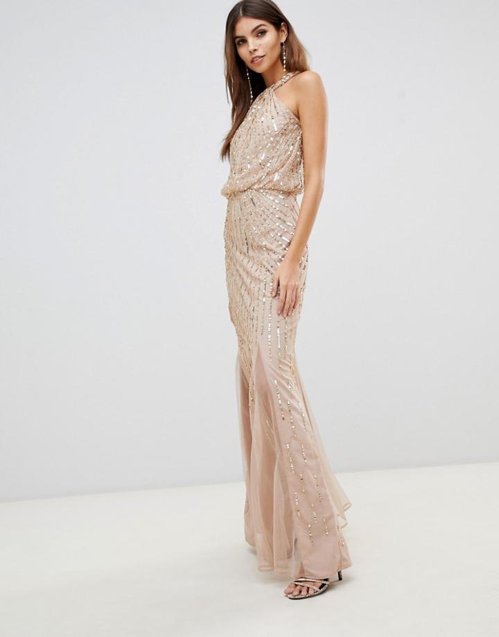 Lipsy Twist Neck Sequin Maxi Dress In Gold