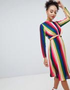 Boohoo Tie Front Midi Dress In Rainbow Stripe - Multi