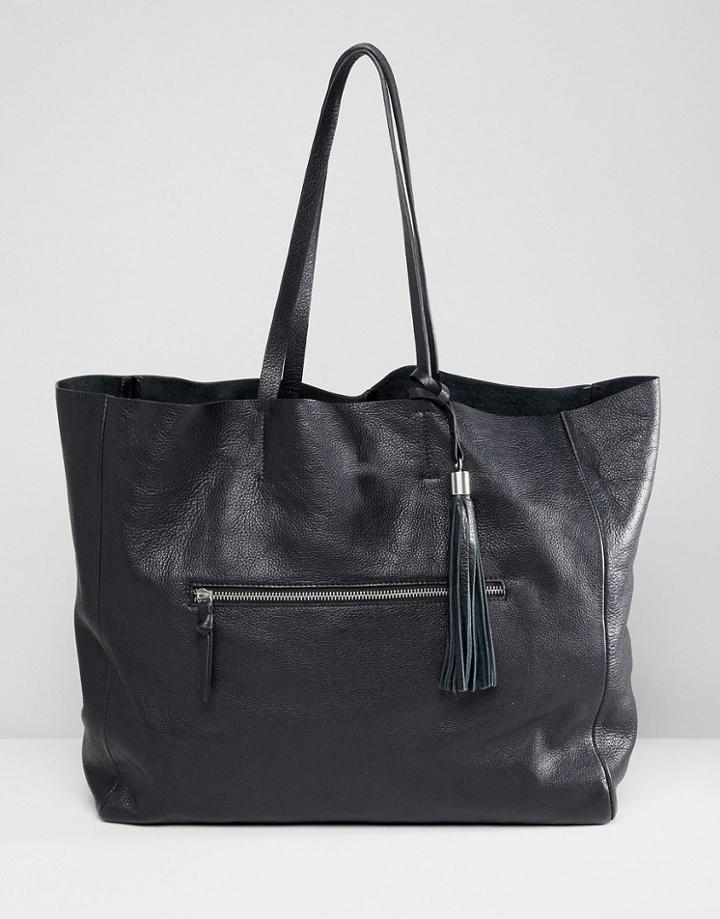 Depp Zip Pocket Leather Shopper - Black