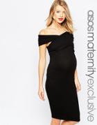 Asos Maternity Midi Body-conscious Dress With Twist Off Shoulder - Black