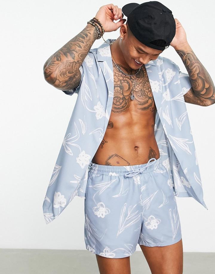 Asos Design Relaxed Revere One Button Shirt In Blue Scribble Floral Print - Part Of A Set