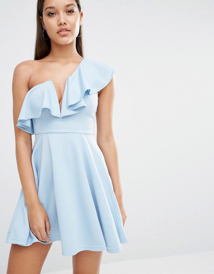 Rare London Plunge Ruffle Skater Dress - Ice Blue