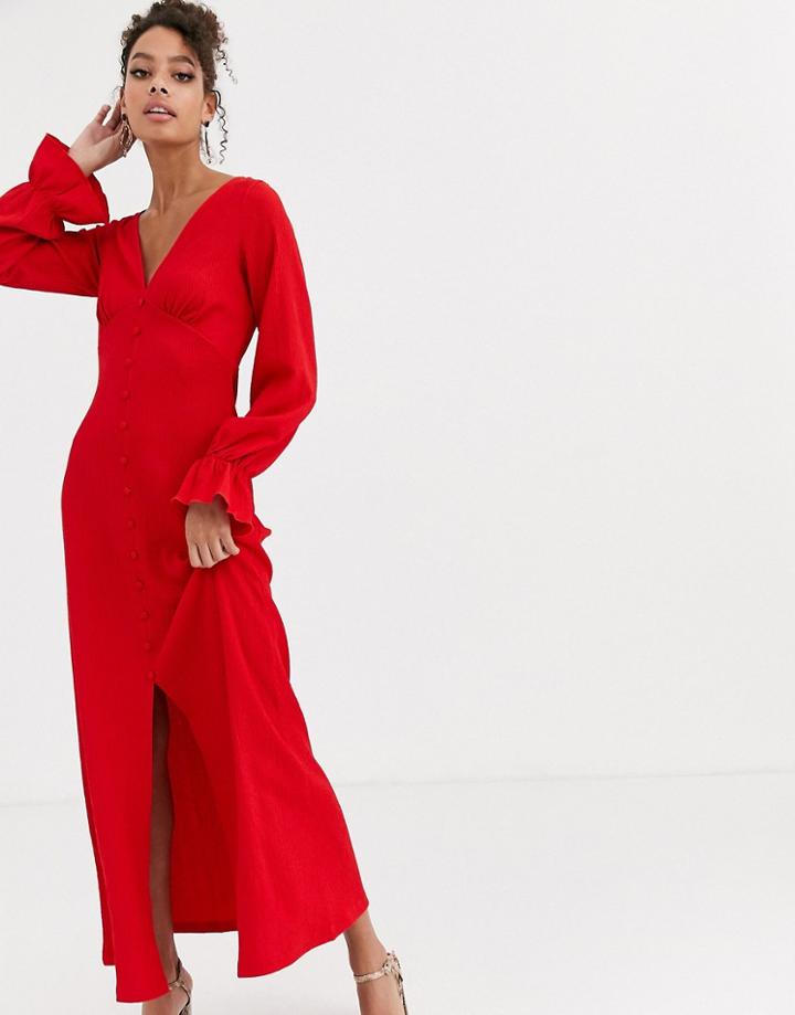 Asos Design Long Sleeve Button Through Textured Maxi Dress