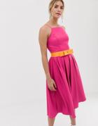 Chi Chi London Pinny Prom Dress With Contrast Belt In Pink - Pink