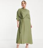 Asos Design Curve Cowl Neck Midi Dress With Wrap Skirt In Khaki-green
