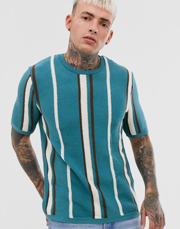 Asos Design Knitted Vertical Stripe T-shirt In Dark Teal - Multi