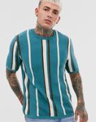 Asos Design Knitted Vertical Stripe T-shirt In Dark Teal - Multi