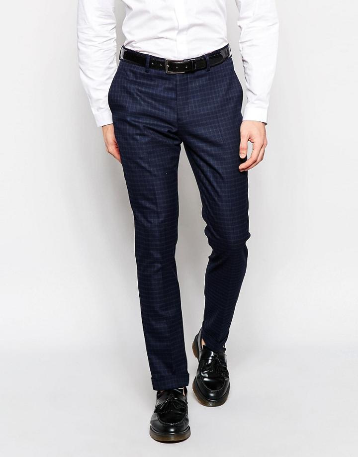 Selected Homme Skinny Check Pants With Turn Up And Stretch - Navy