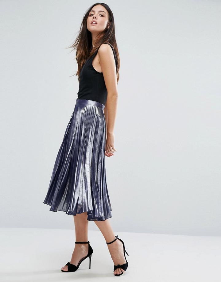 Warehouse Metallic Pleated Midi Skirt - Black