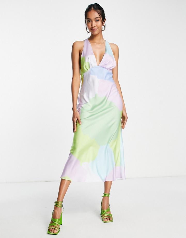 Asos Design Bias Cut Plunge Satin Midi Dress With Racer Back In Abstract Print-multi