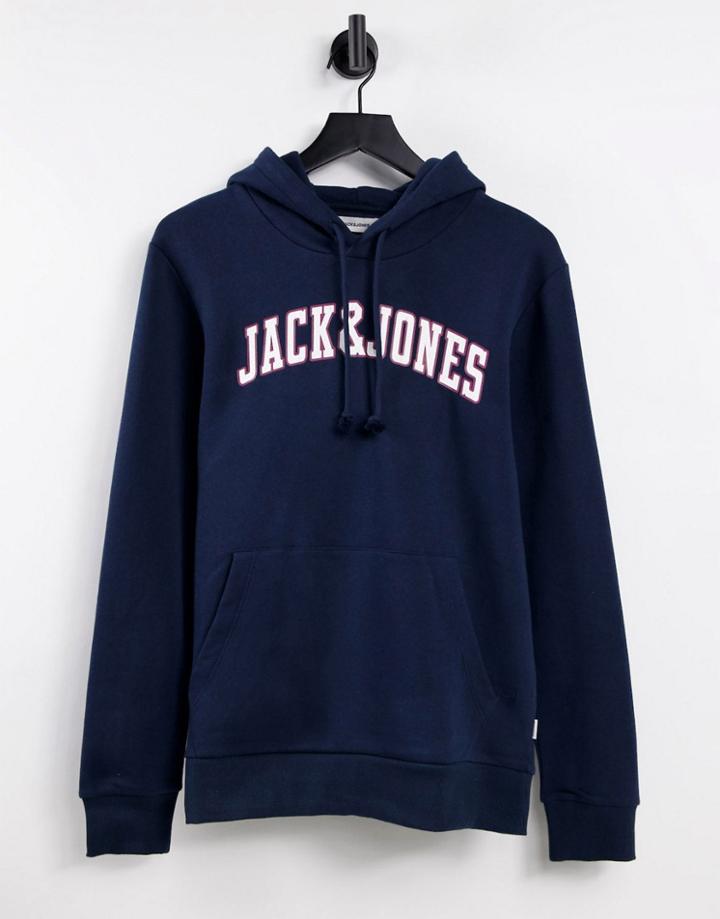 Jack & Jones College Logo Overhead Hoodie In Navy