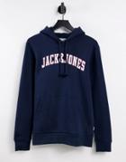 Jack & Jones College Logo Overhead Hoodie In Navy