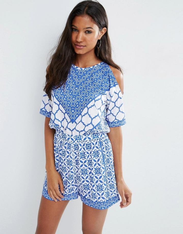 Asos Cold Shoulder China Blue Geo Romper - Multi